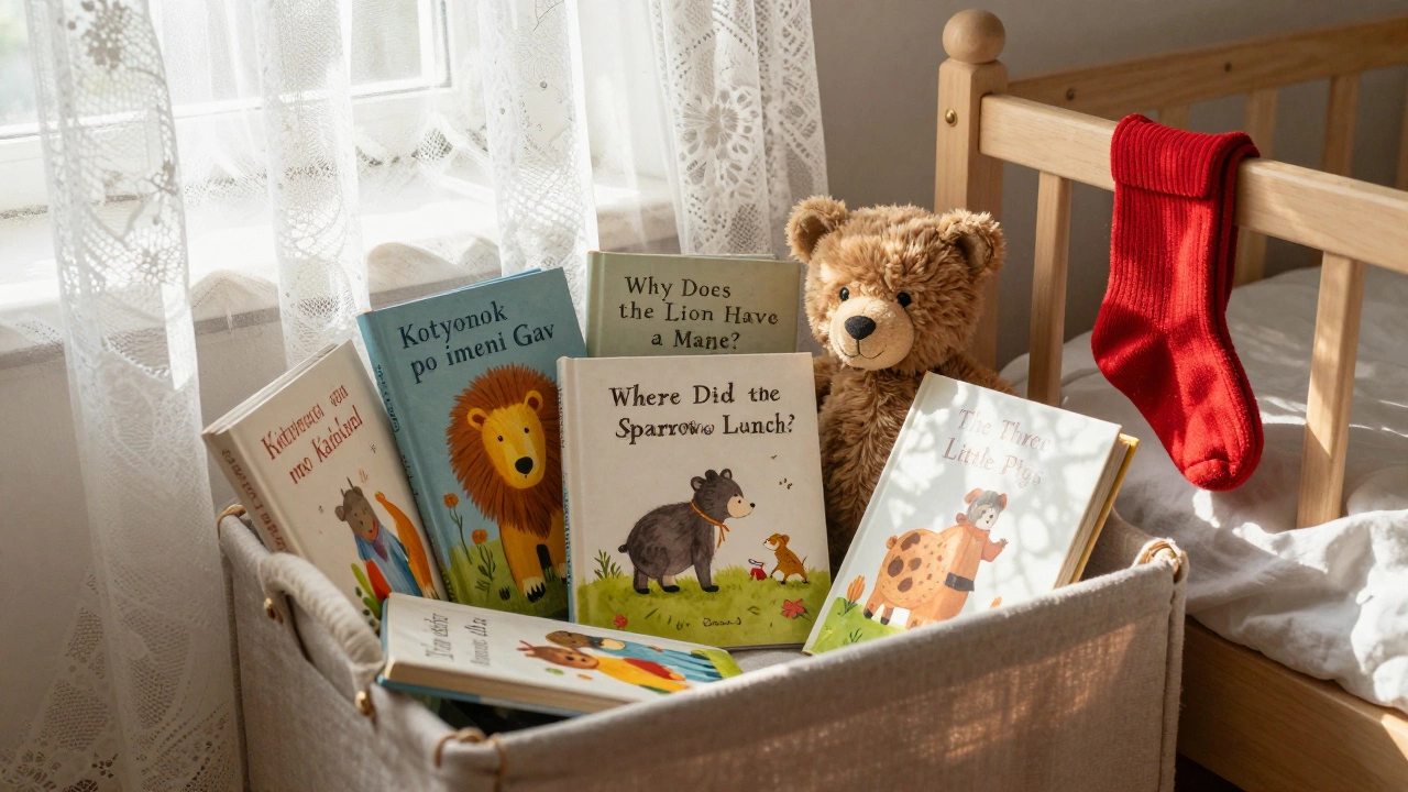 Корзина с пятью детскими книгами на подоконнике: &#039;Котёнок по имени Гав&#039;, &#039;Почему у льва грива?&#039; и другие.