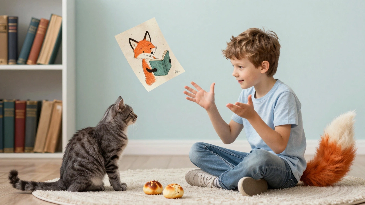 Мальчик рассказывает свою версию сказки про Колобка кошке, книжные страницы парят в воздухе.