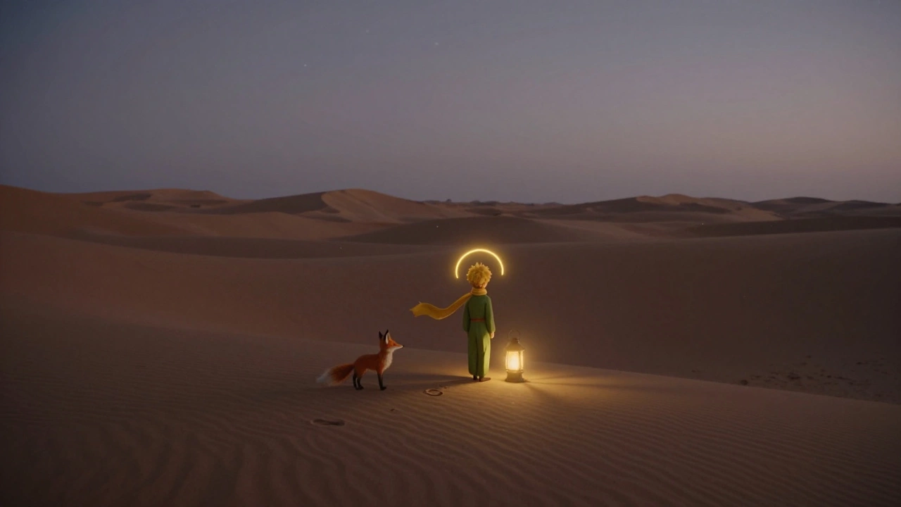 Маленький принц стоит в пустыне у светящегося фонаря, лис смотрит издалека под звёздным небом.
