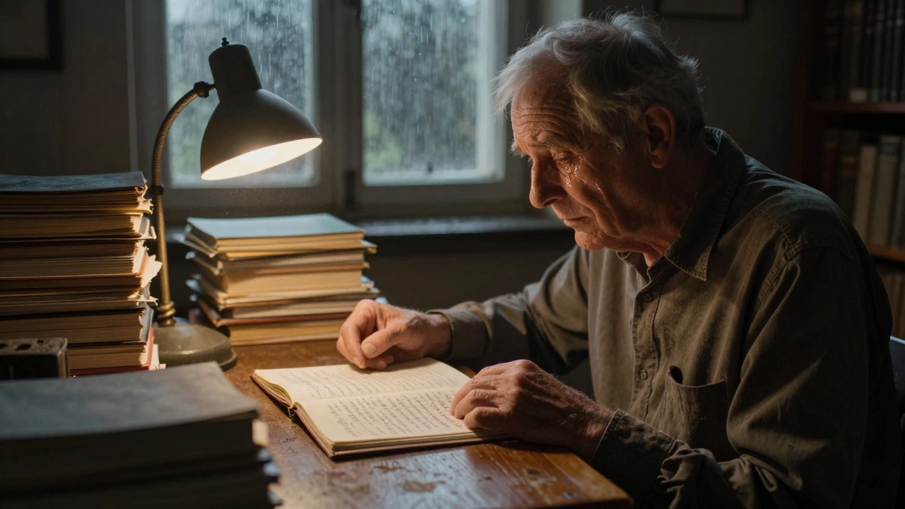 Мужчина читает письма в архиве, слезы на щеках, вокруг — стопки тетрадей.