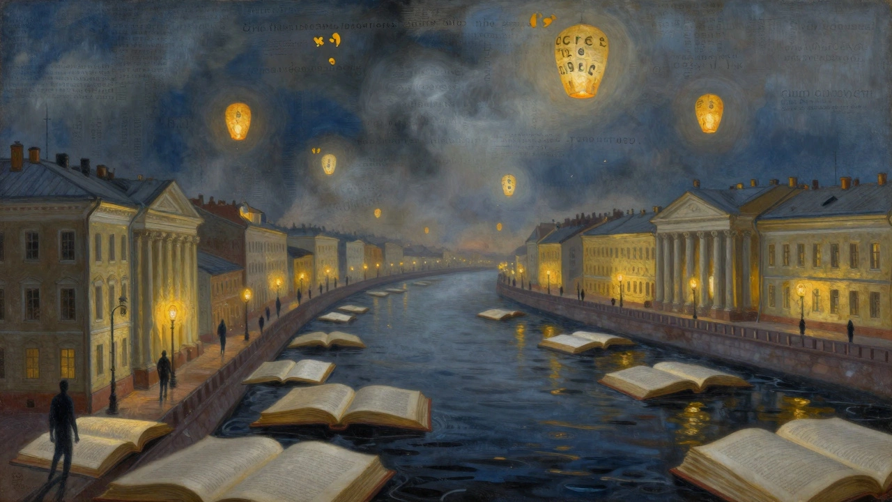 Ночная Петербургская улица, где здания сделаны из страниц книг, а река течёт между ними, напоминая роман Белого.