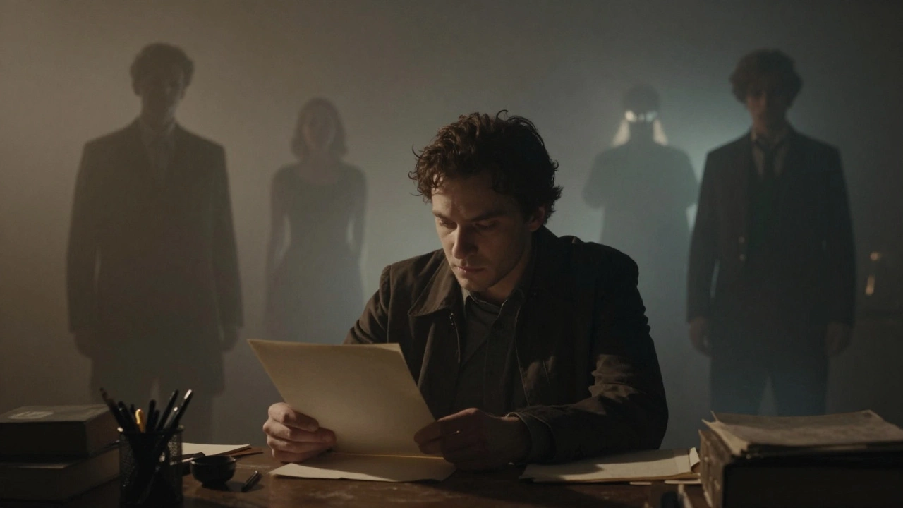 Писатель за столом, вокруг него прозрачные силуэты великих писателей.