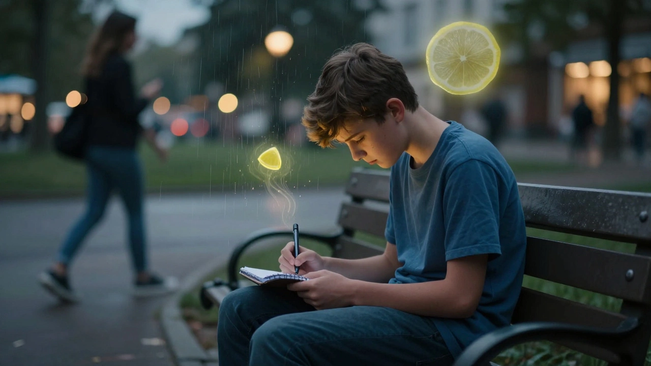 Подросток пишет в блокноте, вокруг него — видимые эмоции людей в виде аур.