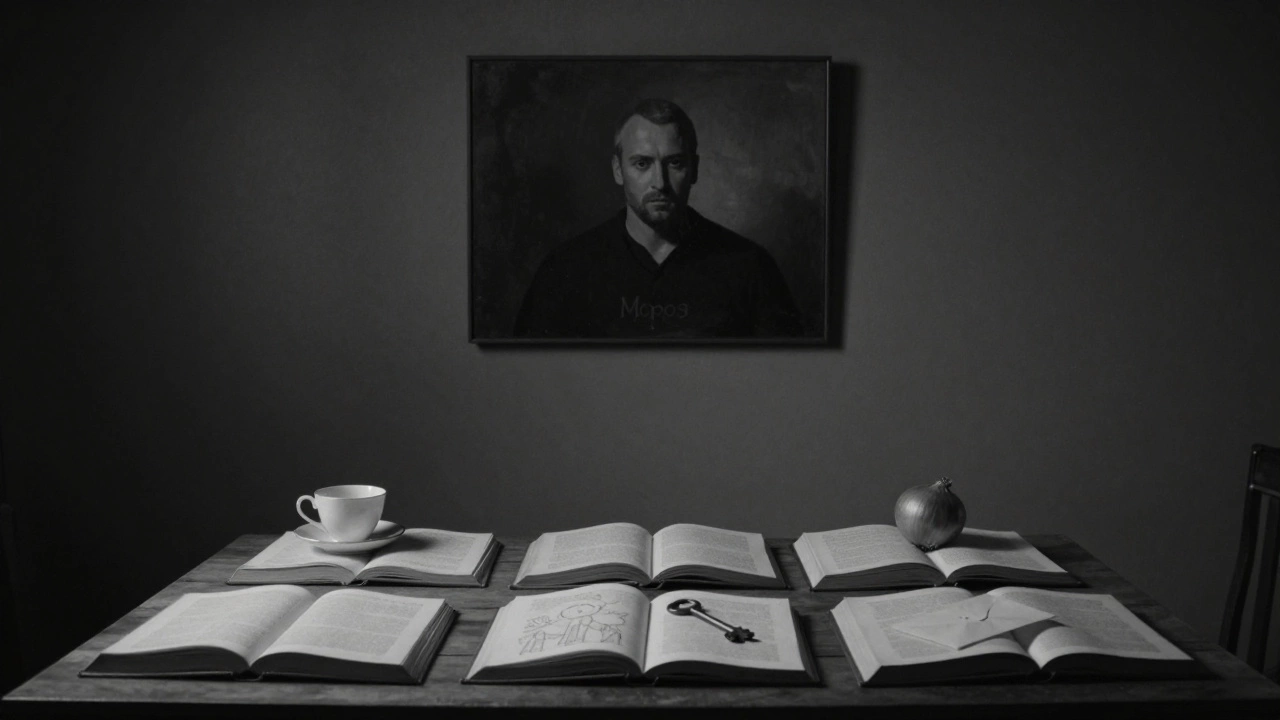 Пустая комната в Петербурге с картиной и пятью открытыми книгами на столе.