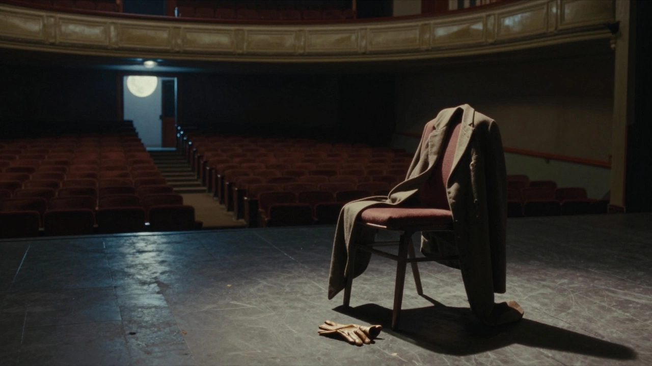 Пустой театр ночью: опрокинутый стул, брошенная перчатка и лунный свет, проникающий сквозь трещины.