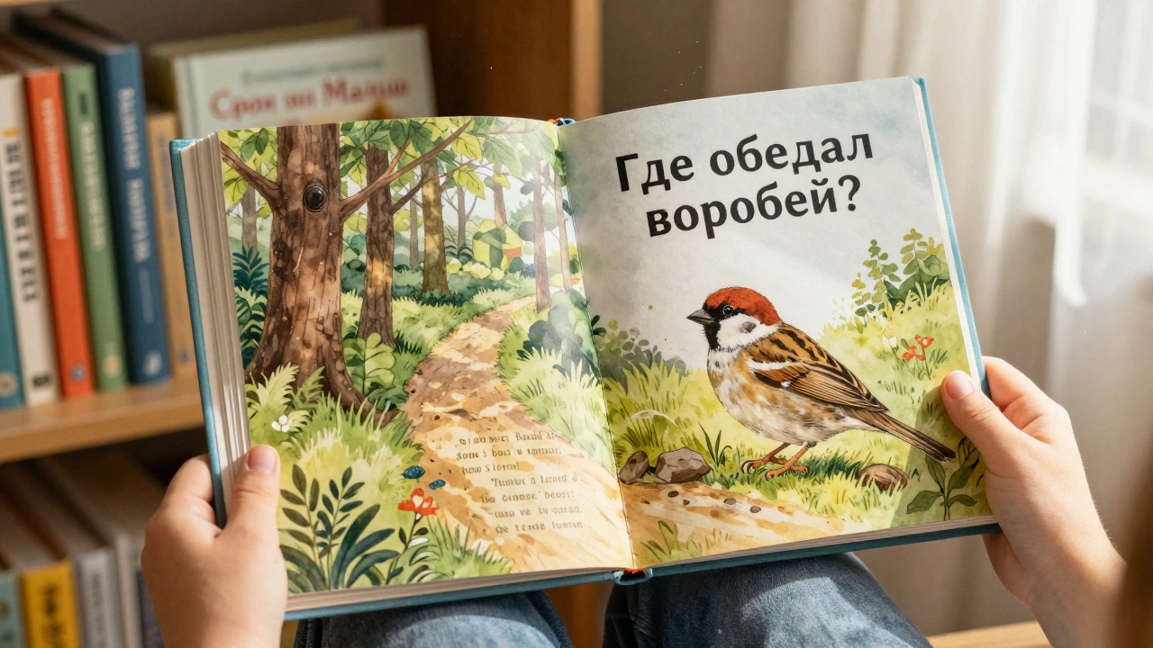 Ребёнок держит книгу с яркими иллюстрациями про воробья, рядом другие детские книги на полке.