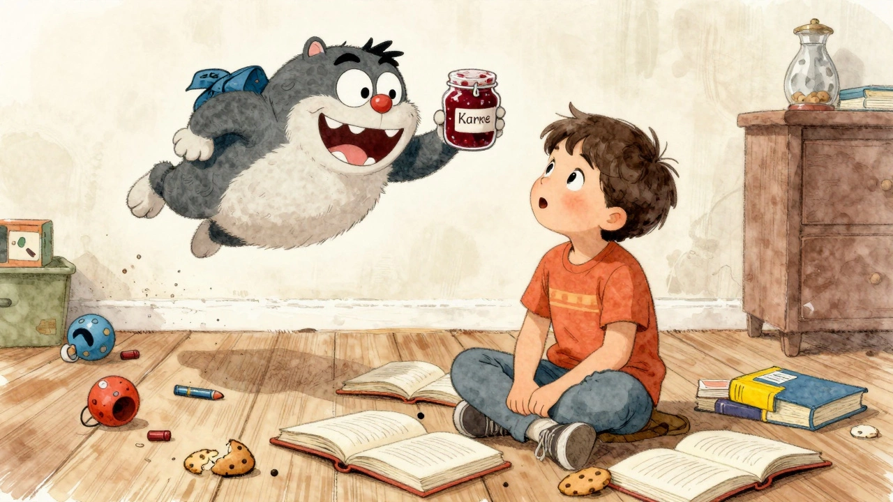 Ребёнок смотрит на парящего Карлсона среди разбросанных книг и игрушек.