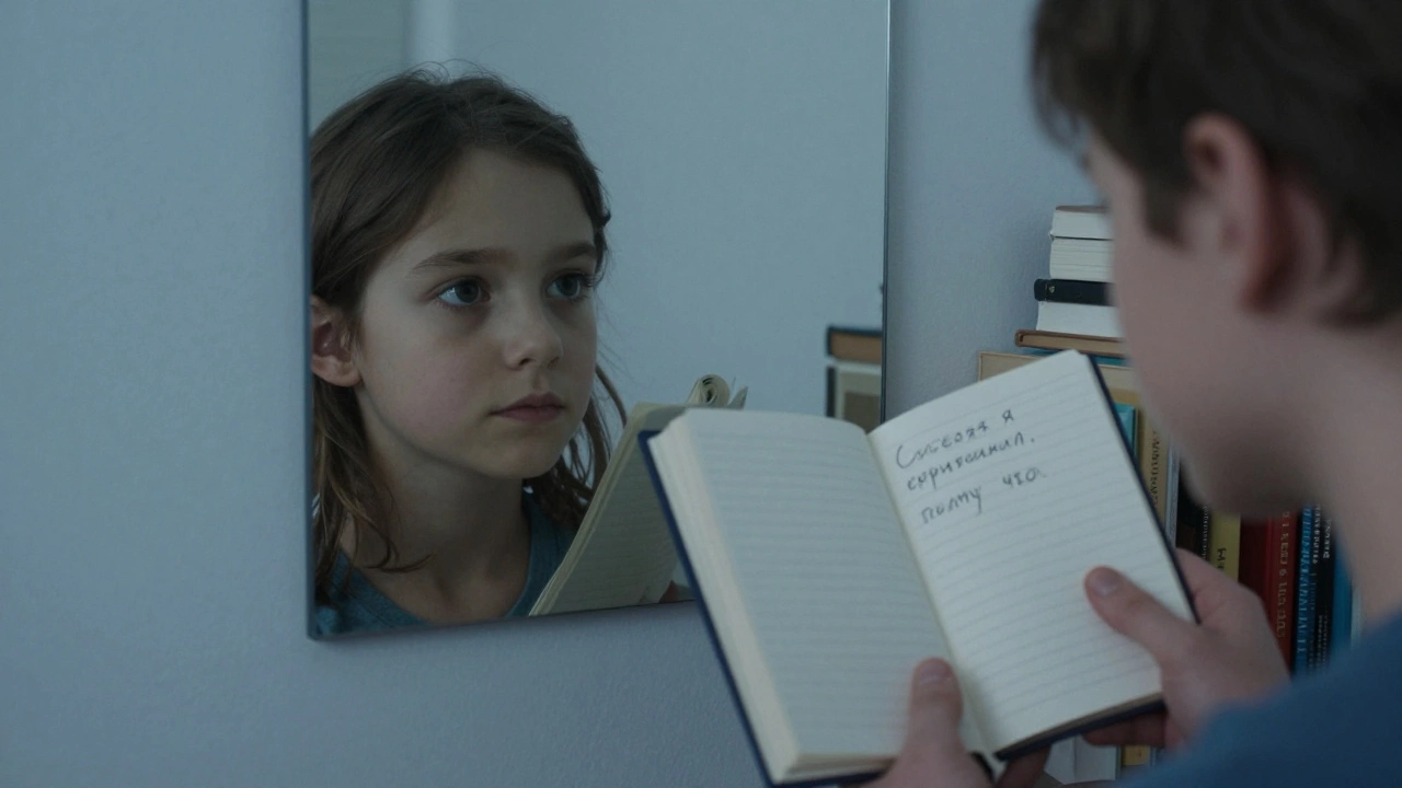 Родитель смотрит в зеркало, где отражается ребенок — символ осознания себя как родителя.