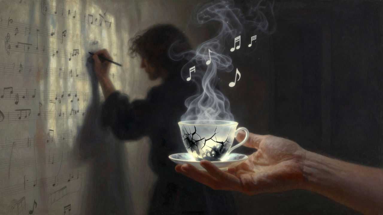 Рука держит чашку с чернильным паром, который превращается в слова, за спиной — стена с текстами.