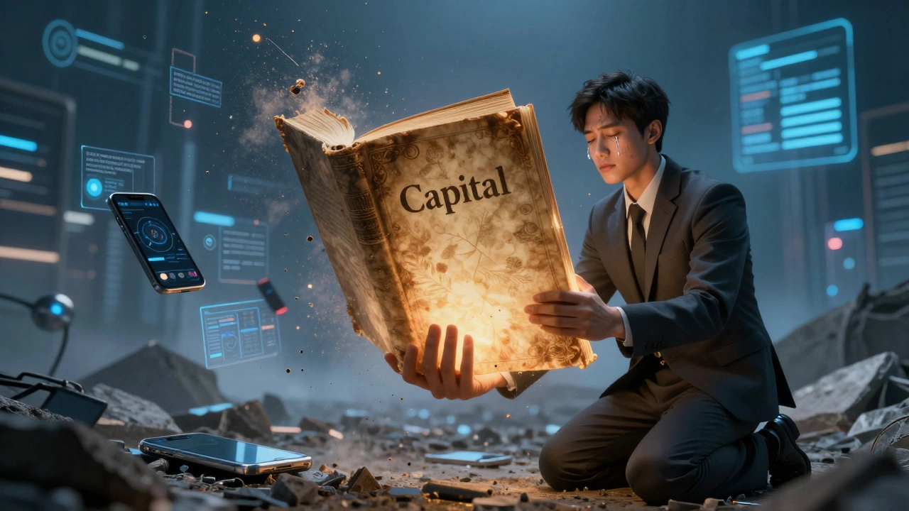 Рука держит книгу &#039;Капитал&#039; посреди рушащегося цифрового мира, человек kneeling рядом с ней.