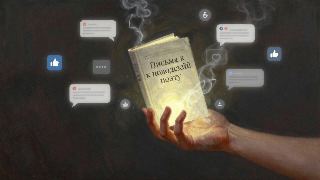Рука держит светящуюся книгу 'Письма к молодому поэту', вокруг тают цифровые уведомления.