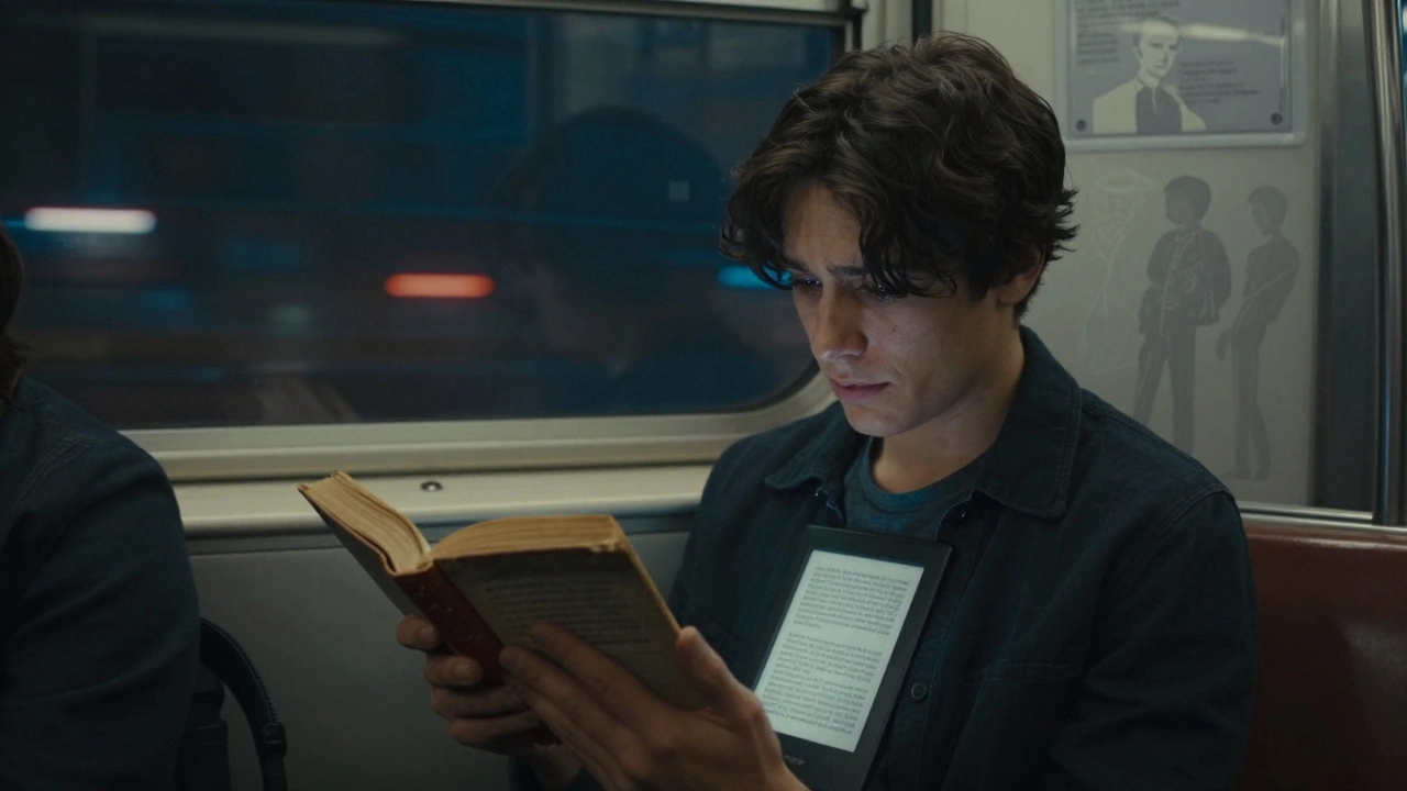 Рука переворачивает страницу книги в темном метро ночью