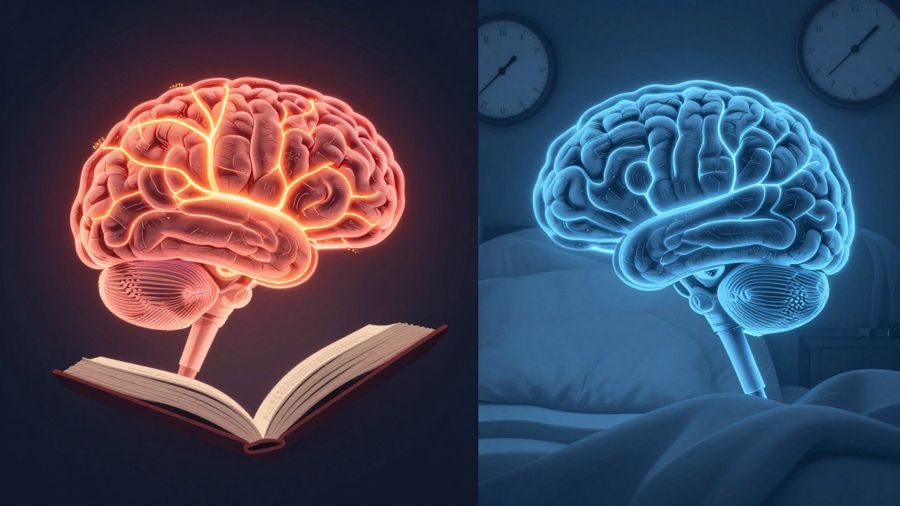 Сравнение активного мозга при чтении и спокойного мозга во сне, в научно-иллюстративном стиле.