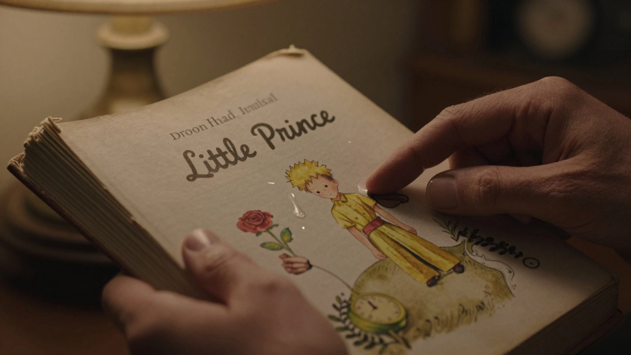 Старые руки держат книгу, слеза падает на страницу, отражая розу, ребёнка и часы.