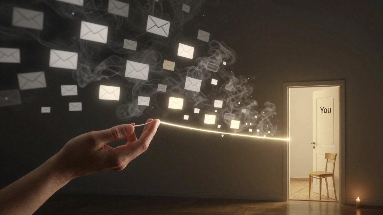 Светящаяся нить пробивается сквозь поток цифровых уведомлений, ведя к тихой двери с надписью &#039;Ты&#039;.