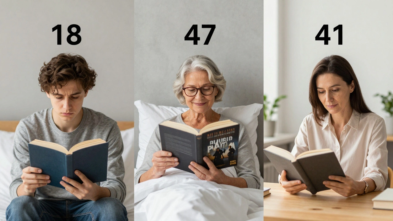 Три человека читают в разное время суток: студент, пожилая женщина и учитель — с разной скоростью.