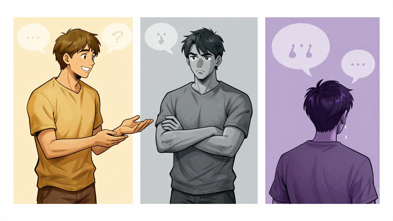 Три сцены: НПС смеётся, затем злится, потом плачет — эмоции меняются в зависимости от выбора игрока.