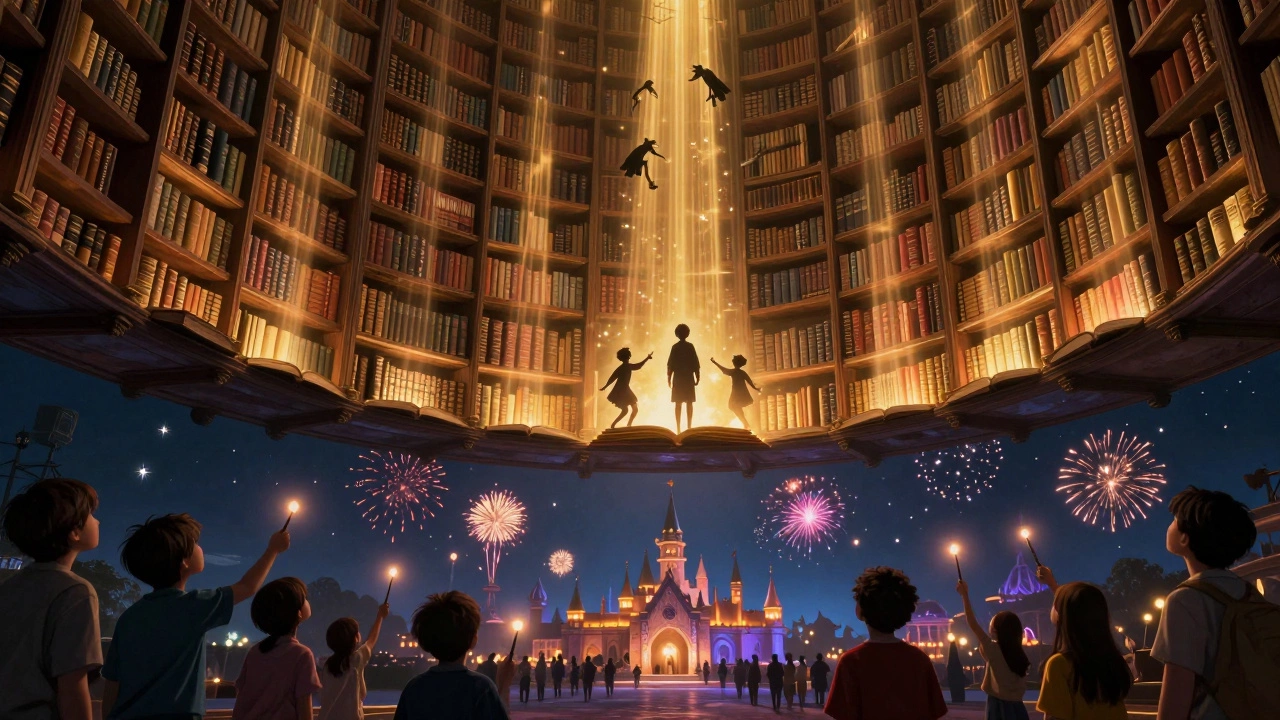 Волшебная библиотека в небе с книгами на многих языках, ниже — тематический парк с огнями и толпой посетителей.