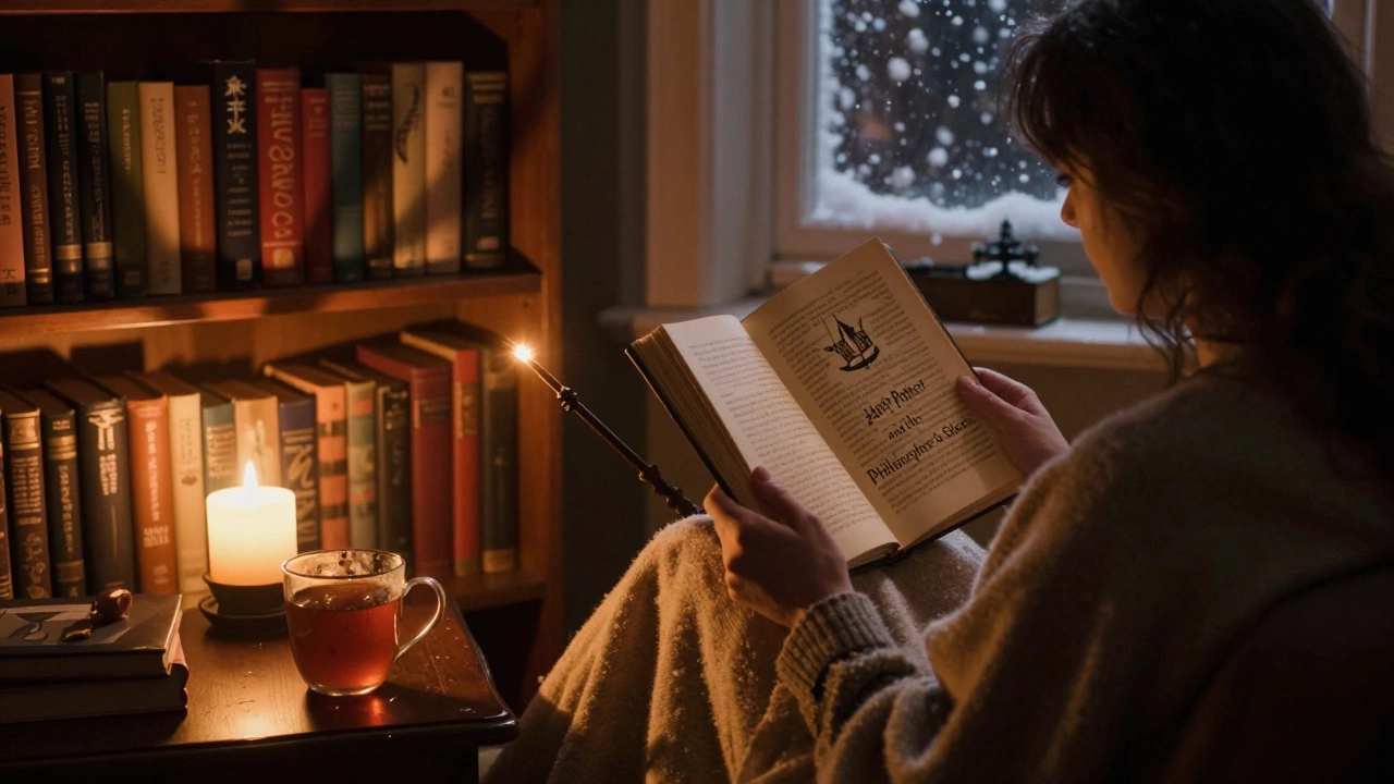 Взрослый читает 'Гарри Поттера' под одеялом при свете лампы, рядом волшебная палочка и чашка чая.