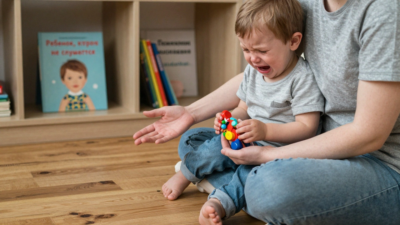 Взрослый и ребенок на полу, взрослый тихо предлагает поддержку, рядом стоят книги о воспитании.