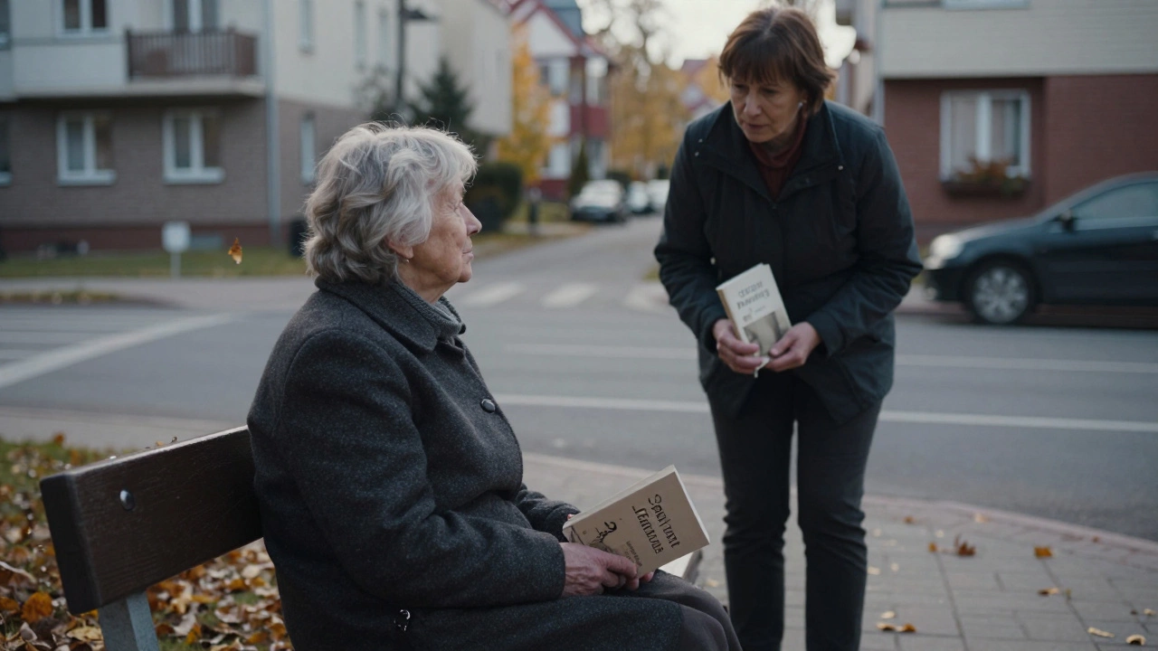 Женщина на скамейке смотрит на прохожих, рядом другая женщина с книгой.