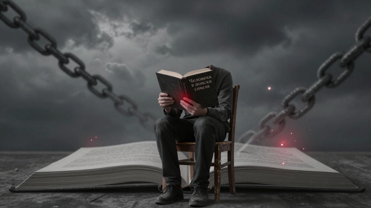 Человек читает книгу о смысле жизни, вокруг него — абстрактные тени и светящиеся искры.