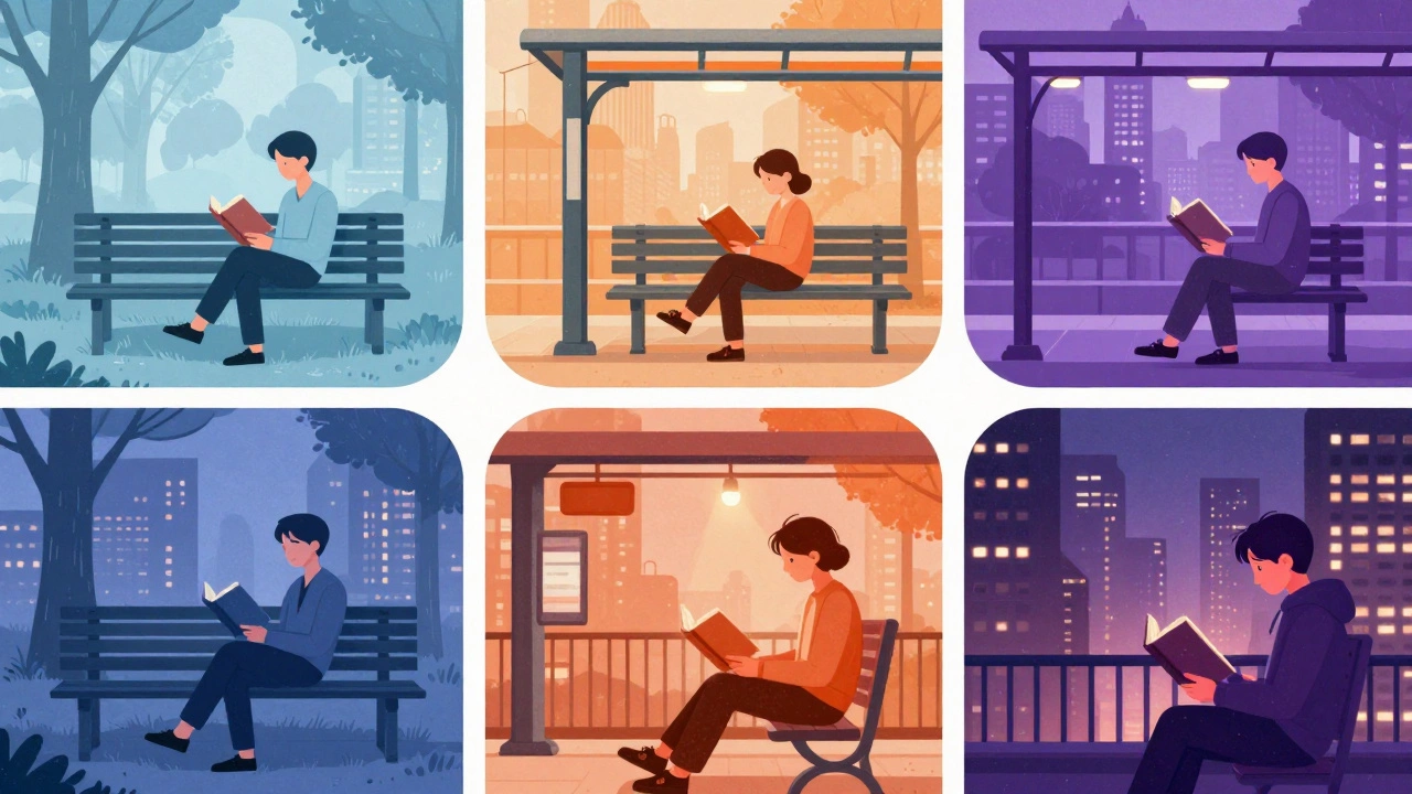 Человек читает в разных местах города: в парке, на станции, на балконе.