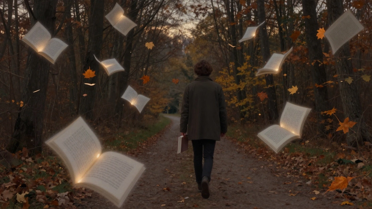 Человек гуляет по лесу, а страницы книги летят вокруг него, как листья.