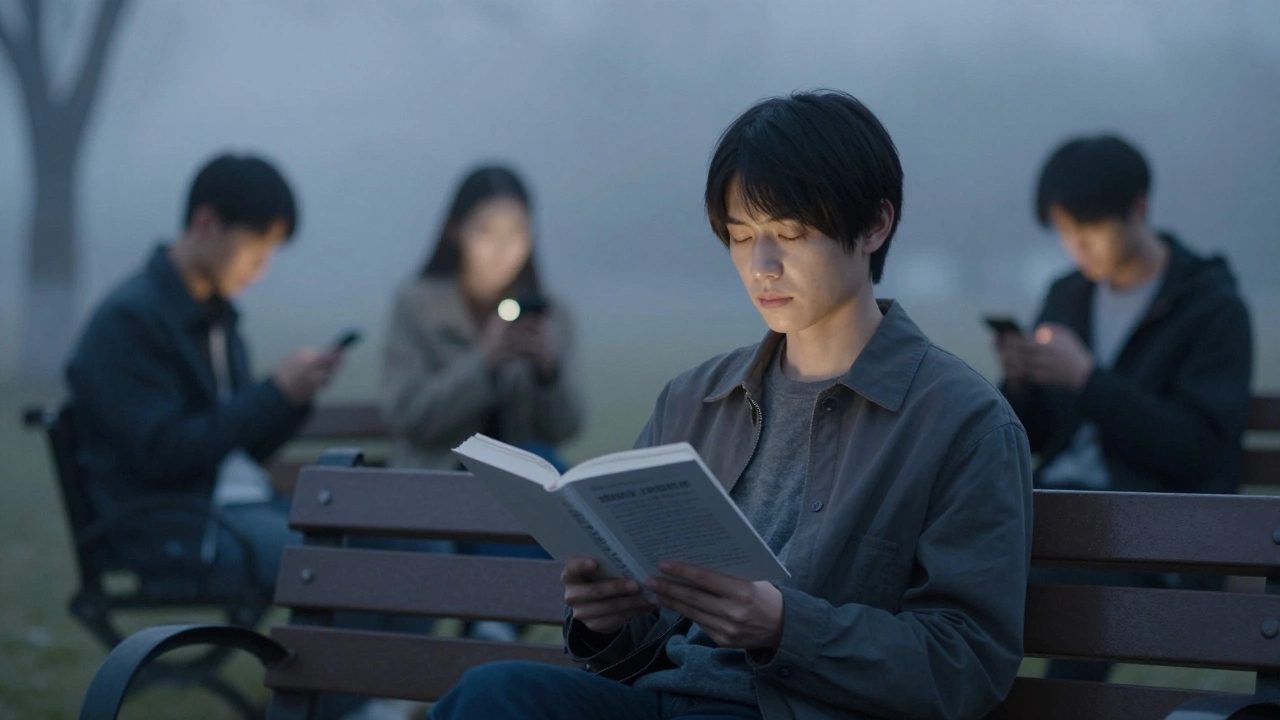 Человек с книгой на скамейке на рассвете, вокруг люди с телефонами в размытом фоне.