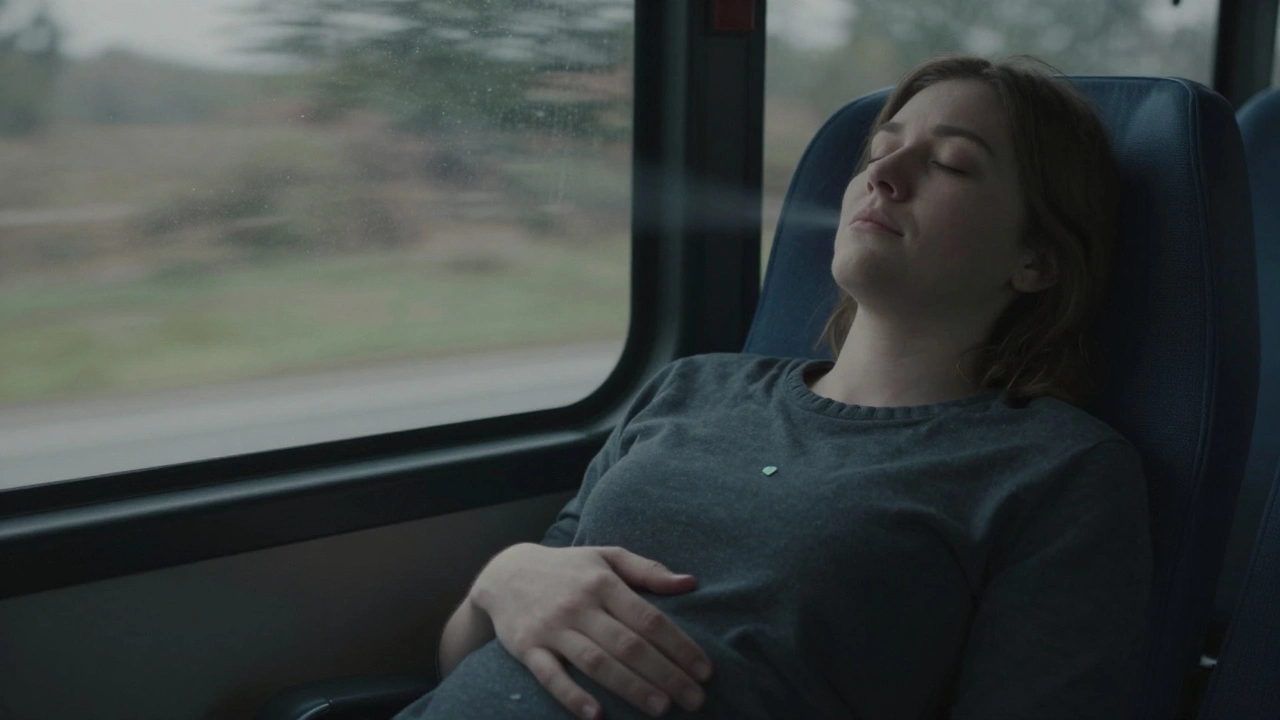 Человек с закрытыми глазами дышит глубоко, рука на животе, свежий воздух входит через открытое окно автобуса.