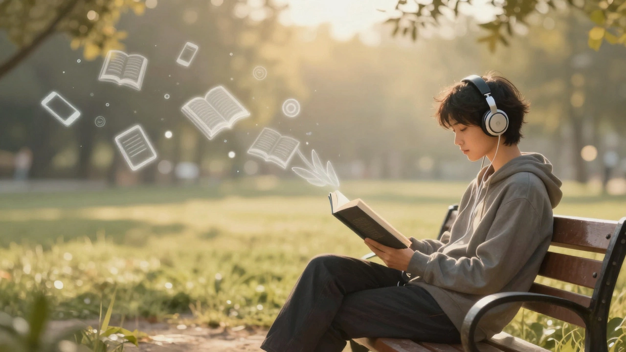 Человек слушает аудиокнигу на скамейке, книги как крылья поднимаются вверх.