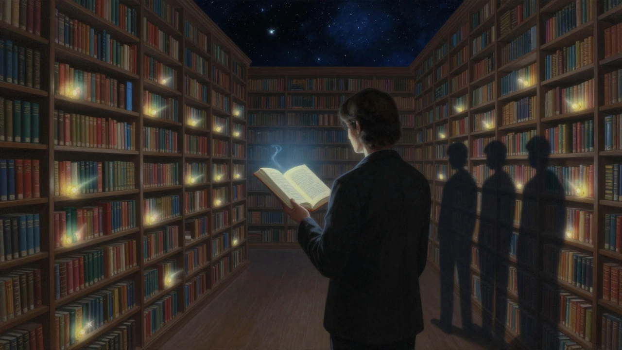 Человек стоит у библиотеки, превращающейся в космос, с открытой книгой в руках.