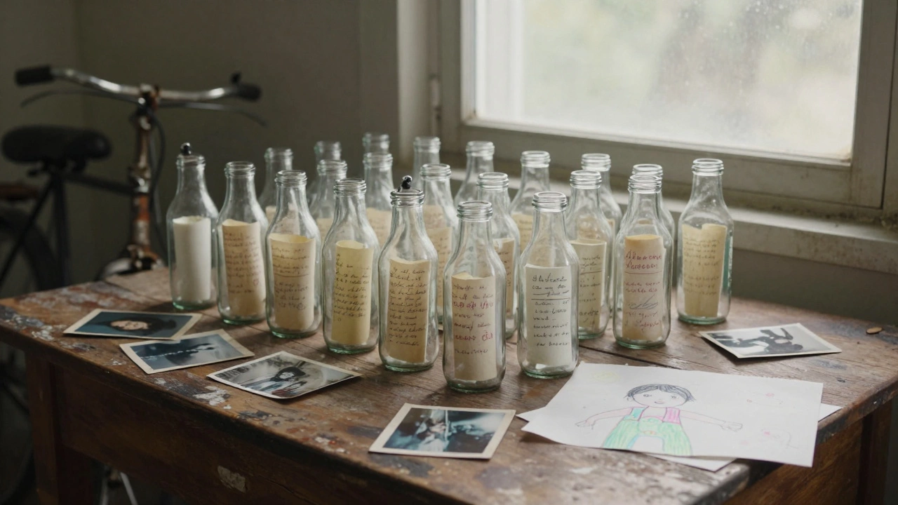 Деревянный стол с бутылками и записками, старые фотографии и велосипед вокруг.