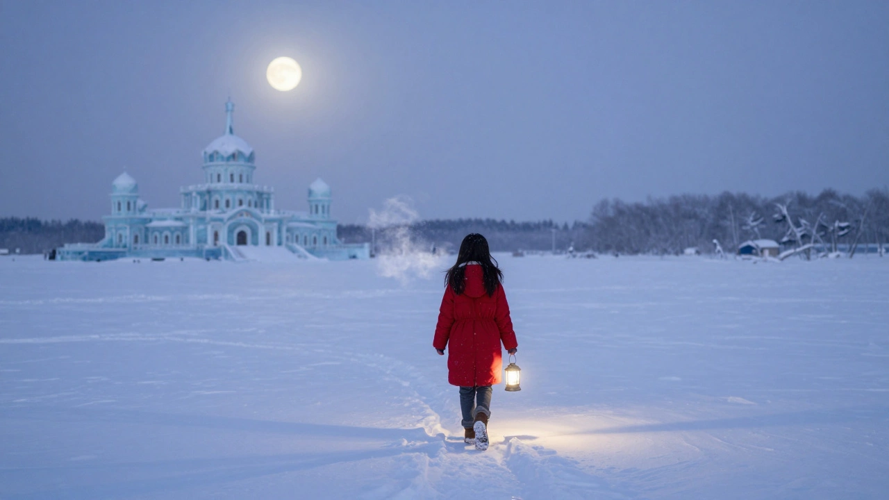 Девочка в красном пальто идёт по снежной пустоши с фонарём, за ней — ледяные дворцы.