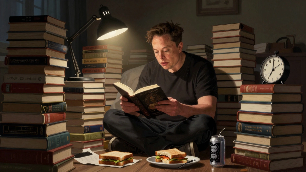 Илон Маск в молодости читает ночью среди гор книг в комнате.