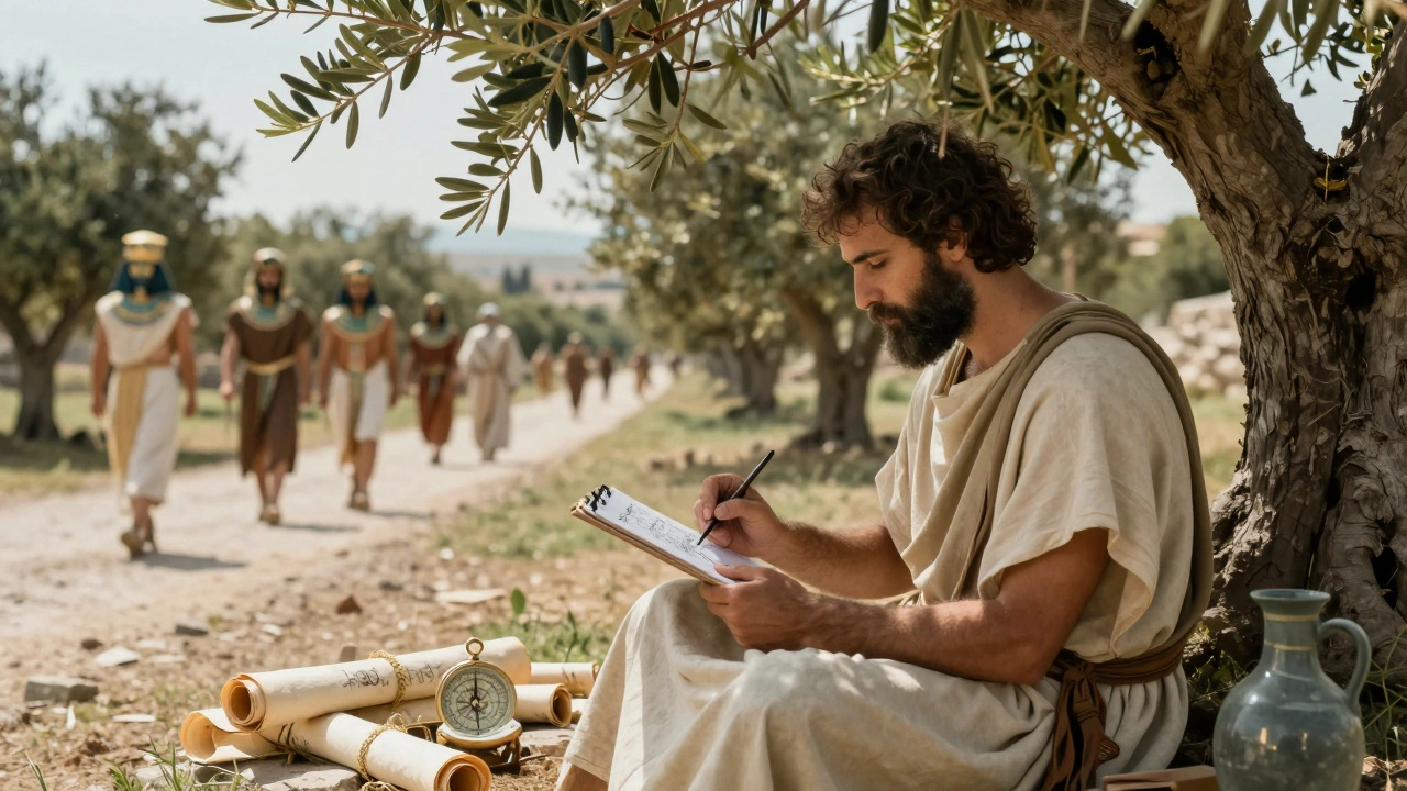 Историк в Милете рисует на восковой табличке, рядом — следы персов и египтян на дороге.