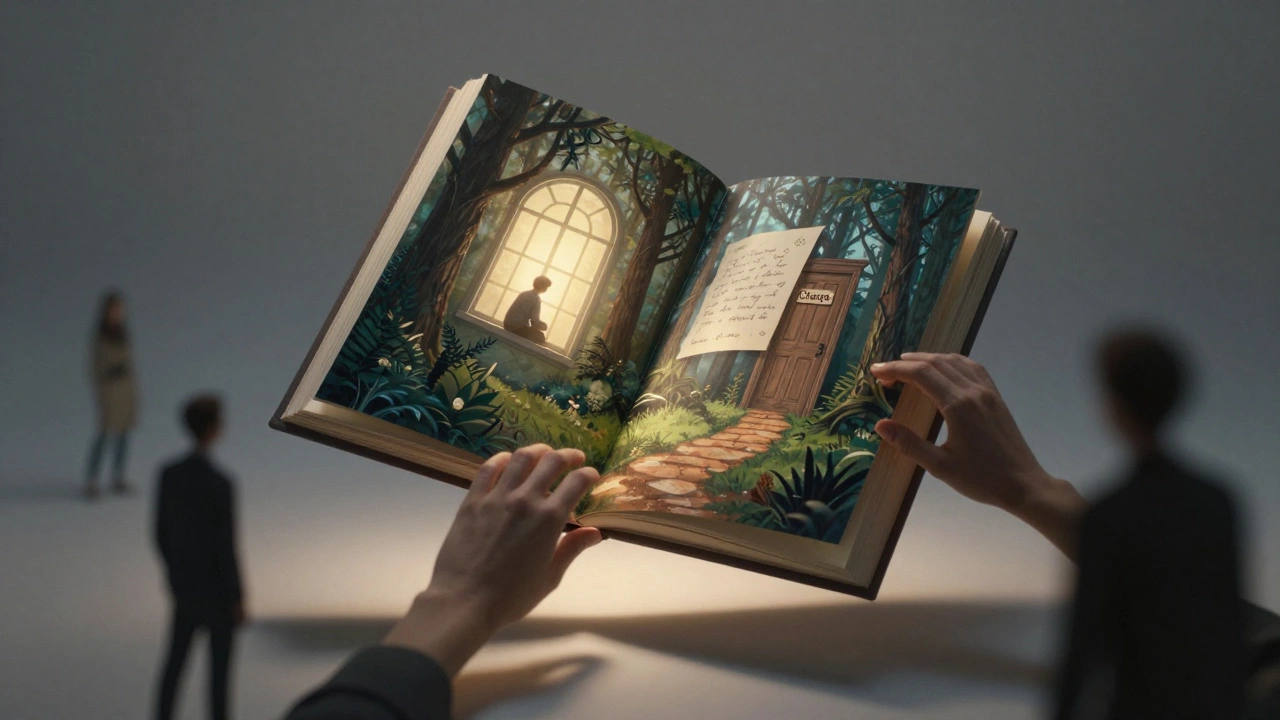 Книга превращается в ландшафт перемен — путь к изменению, освещённый светом надежды.