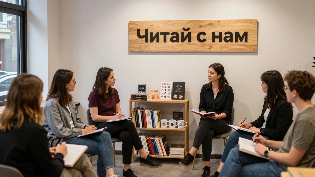 Книжный клуб в современном пространстве с модератором, участниками и мерчем на полках.