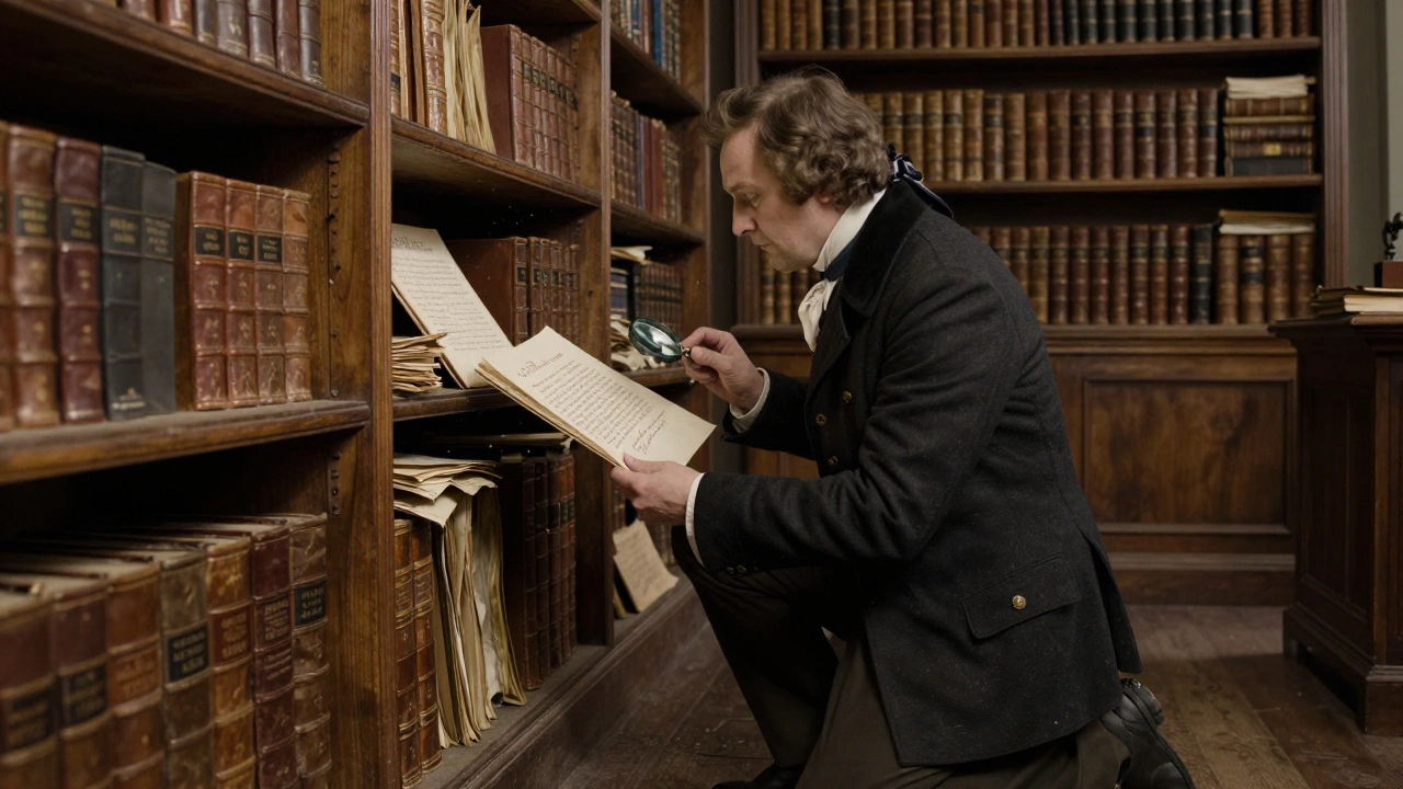 Леопольд фон Ранке изучает архивные документы в библиотеке, стремясь к объективной истине.