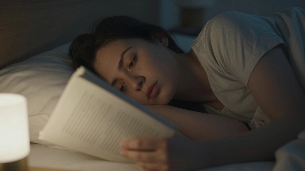 Лежащий человек ночью читает в неудобной позе при тусклом свете, лицо в тени, текст нечёткий.