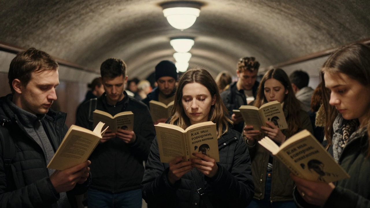 Люди в метро молча держат книги, слезы на страницах, один луч света падает на них.