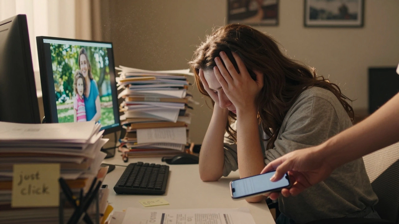 Молодая женщина в хаосе рабочего стола, рука кладёт устройство — тихий момент перемены.