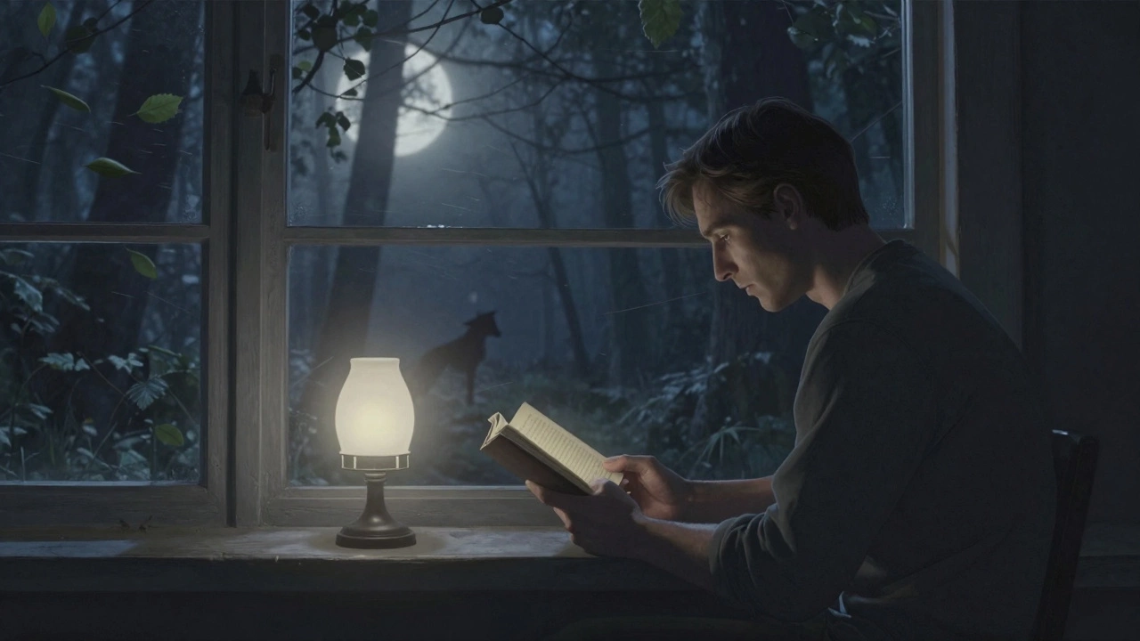 Мужчина читает у окна, за которым виднеется лес при лунном свете.