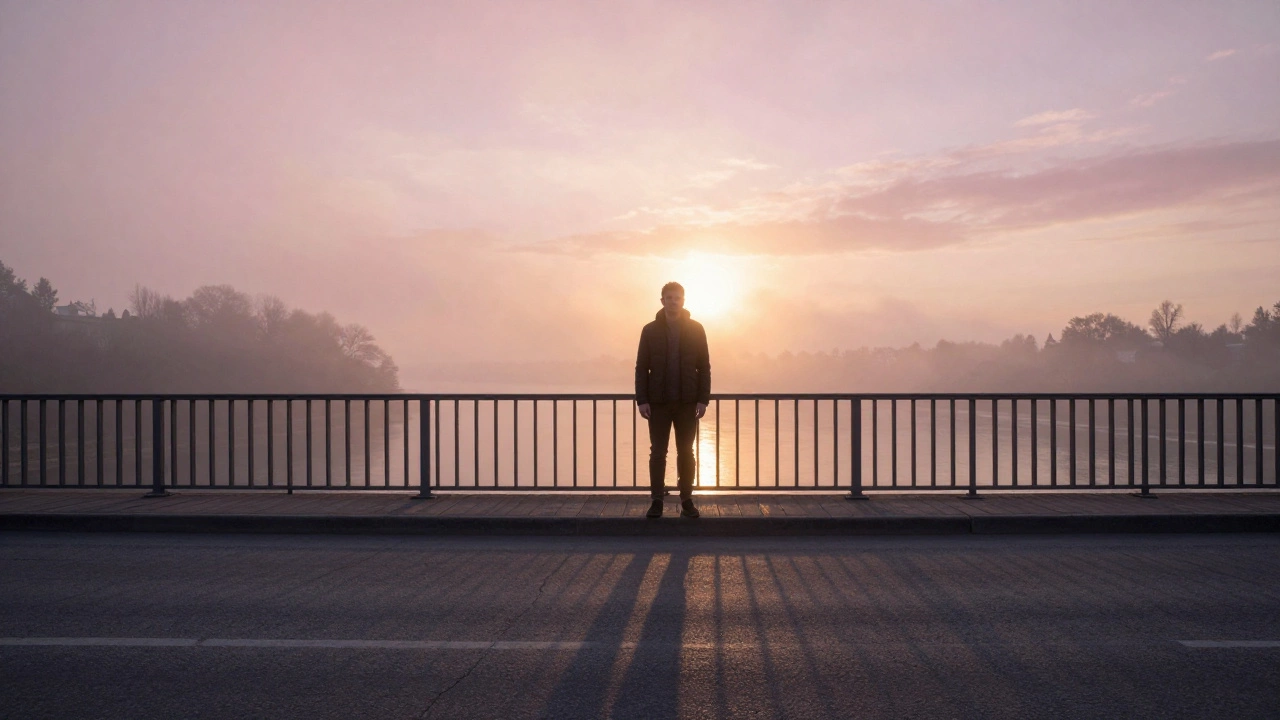 Мужчина на мосту утром, туман над рекой, он больше не боится.