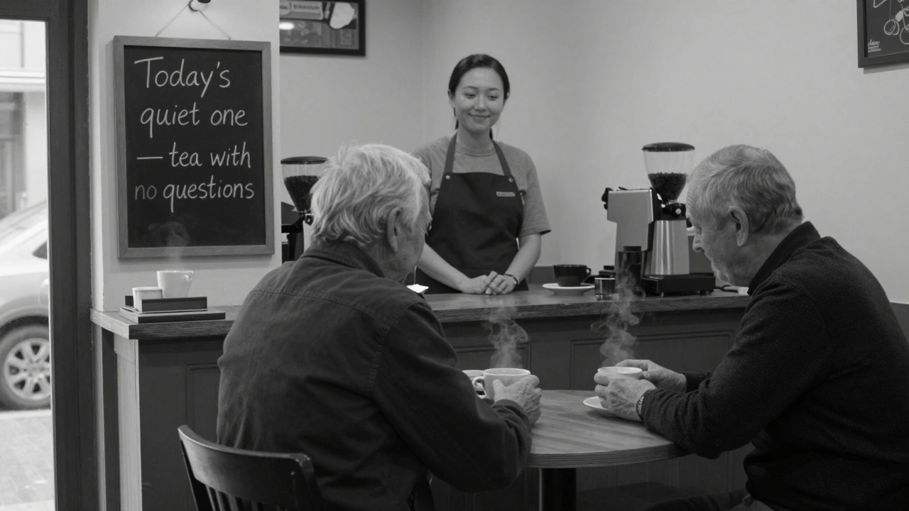 Мужчина в кофейне с чашкой, бариста молча улыбается — без слов, только присутствие.