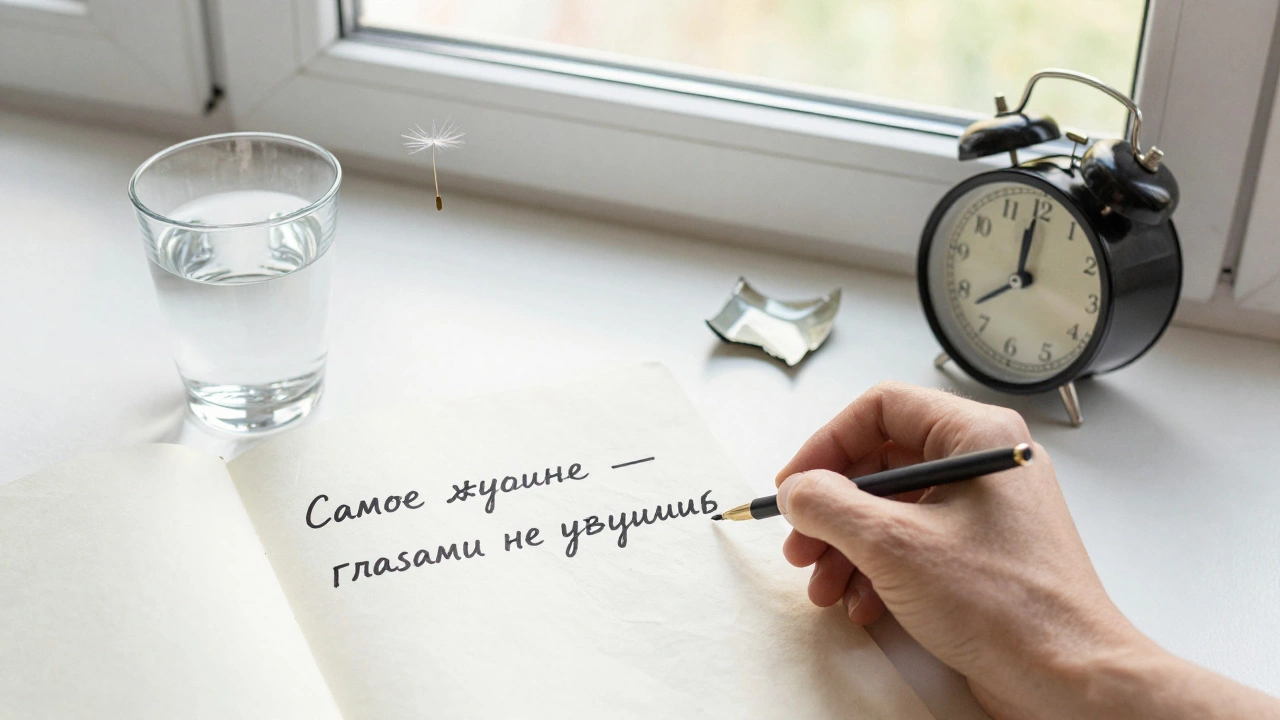 На столе запись о важном, вода, сломанные часы и одуванчик, утренний свет.