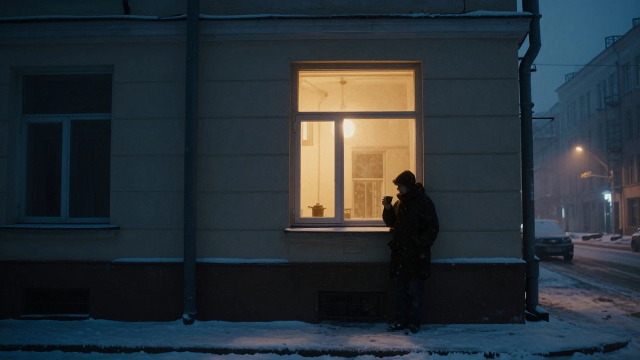 Ночная улица в Москве, одно окно светится, человек с чашкой чая у окна.