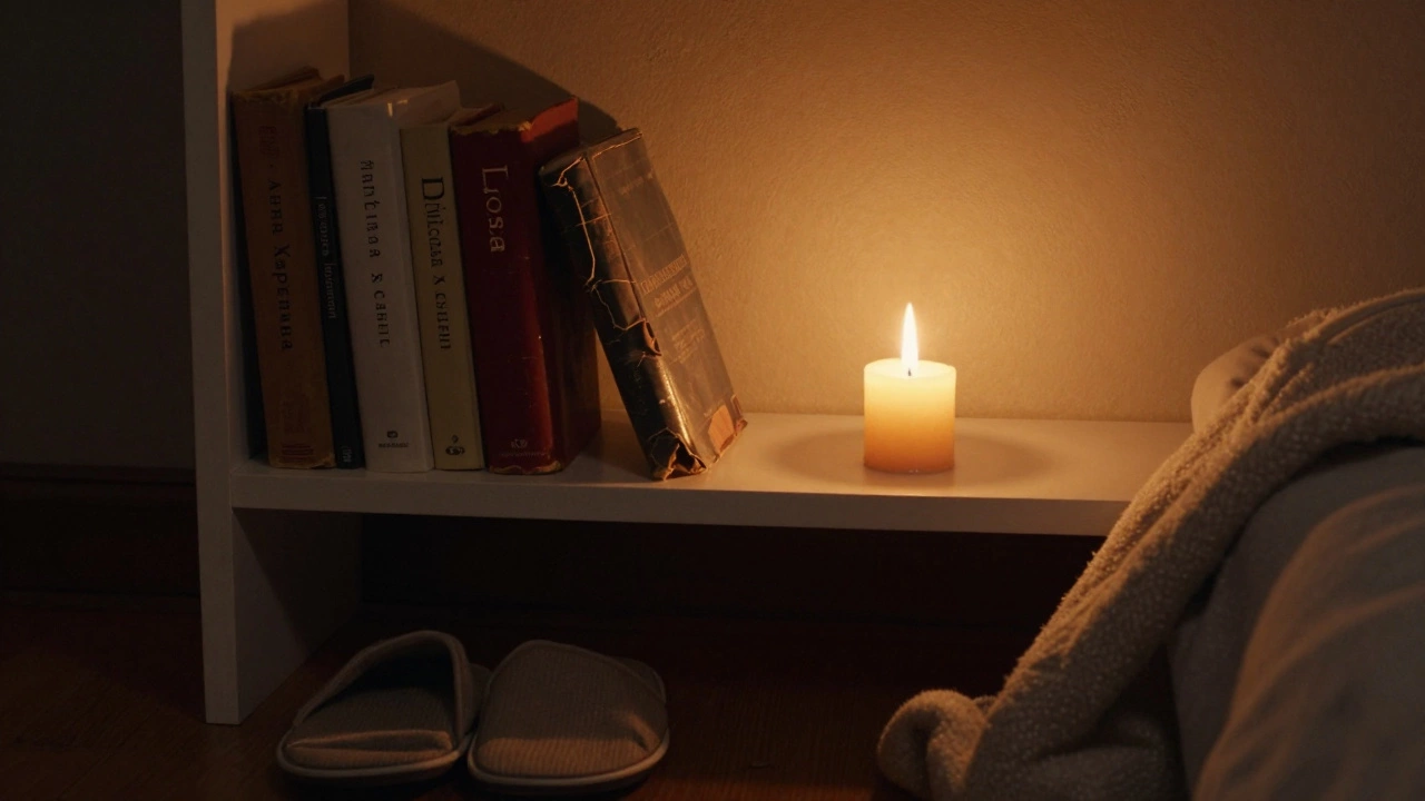 Потертые книги на полке рядом с зажженной свечой и домашними тапочками.