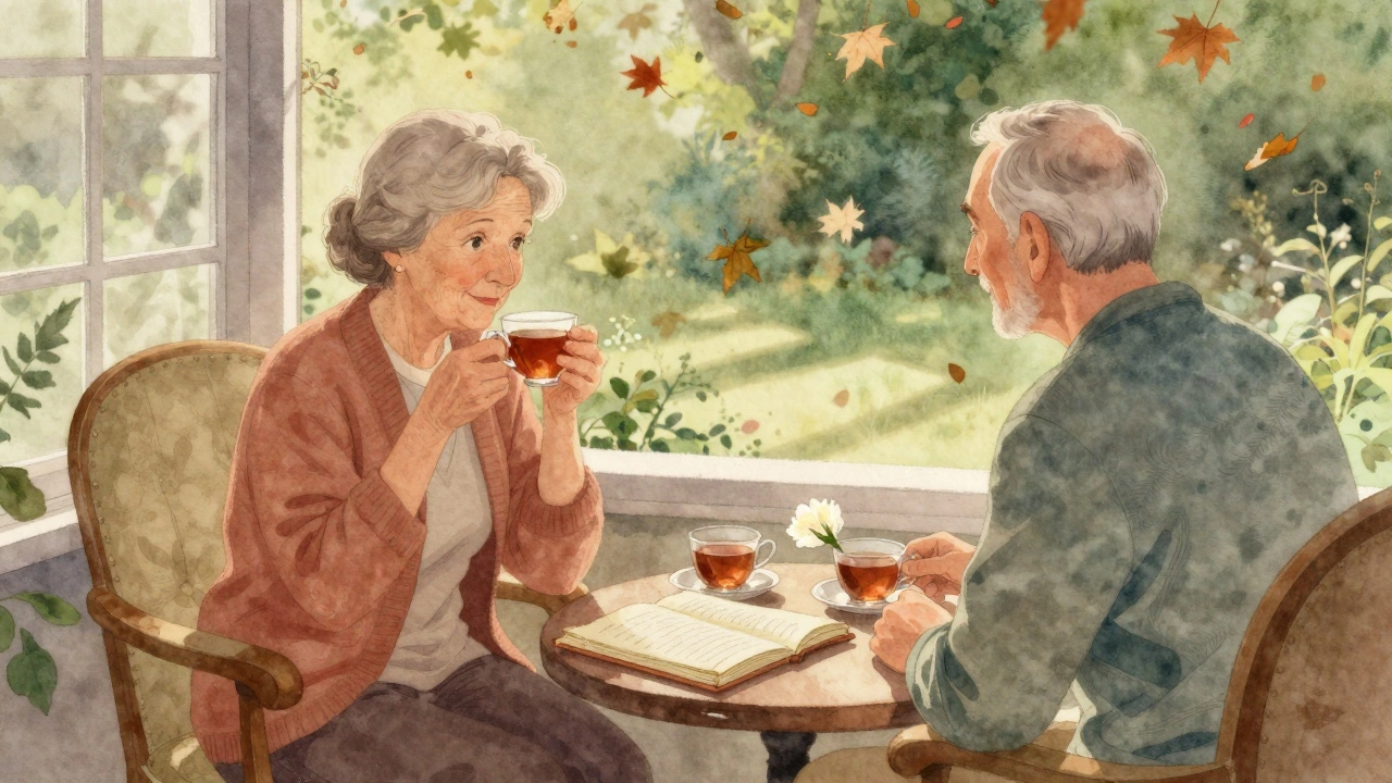 Пожилая пара пьет чай в саду, между ними лежит записная книжка и цветок.