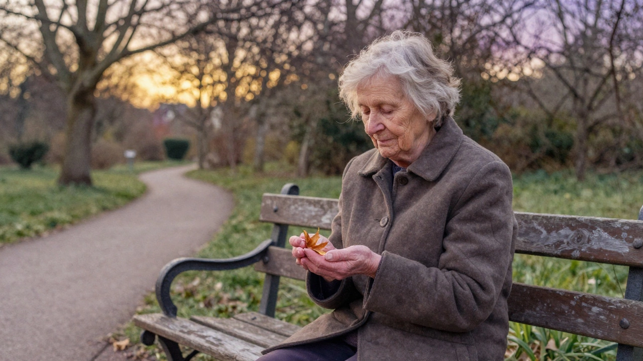 Пожилая женщина сидит в саду, держа лепесток в руке при закате.